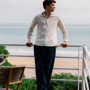 Camisa sport minilogo rayas verticales beige