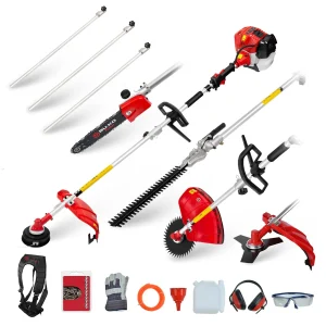 52cc Herramienta de jardín Multifuncional de Gasolina de Largo Alcance Que Incluye: Hedge Trimmer, Pruner Chainsaw, Cortador de Pincel con línea de Recorte Grueso de 2.4mm y Poste de extensión