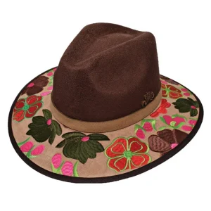 Sombrero de FIeltro Color Café y Beige con Flores Bordadas para Mujer