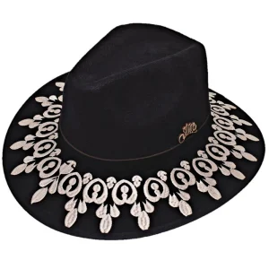 Sombrero de Fieltro Negro con Bordado Plateado para Mujer