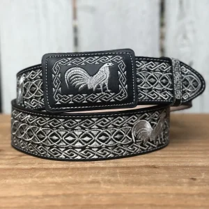 Cinturón Vaquero Negro y Plateado "Gallo" de 2" - Cinturones Vaqueros para Hombre
