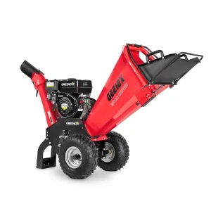 GREENCUT GE212X - Biotrituradora gasolina de 212cc y 5kw, diametro corte 100mm, tolva gran tamaño, ruedas y asa para transporte