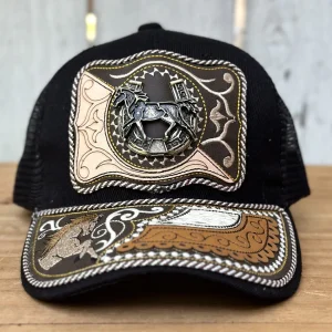 Gorra Vaquera Negra con Caballo y Herradura #2 - Gorras Artesanales Mexicanas