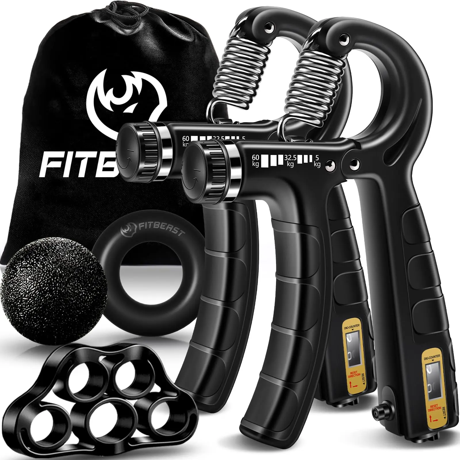 Kit de Entrenamiento para Fortalecer Agarre FitBeast 5 Piezas, 2 Resistencia Ajustable para Antebrazo, Estirador de Dedos, Anillo de Agarre y Bola de Alivio Estrés para Atletas