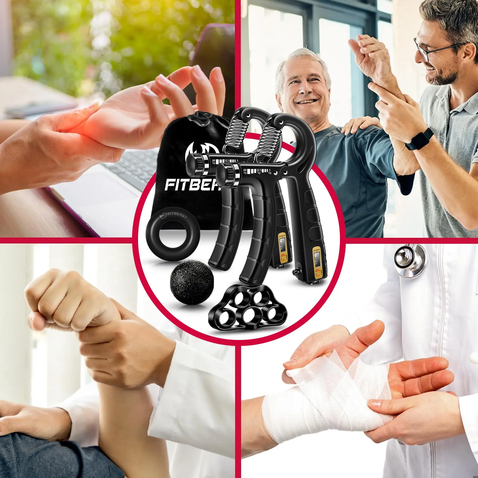 Kit de Entrenamiento para Fortalecer Agarre FitBeast 5 Piezas, 2 Resistencia Ajustable para Antebrazo, Estirador de Dedos, Anillo de Agarre y Bola de Alivio Estrés para Atletas - Imagen 4