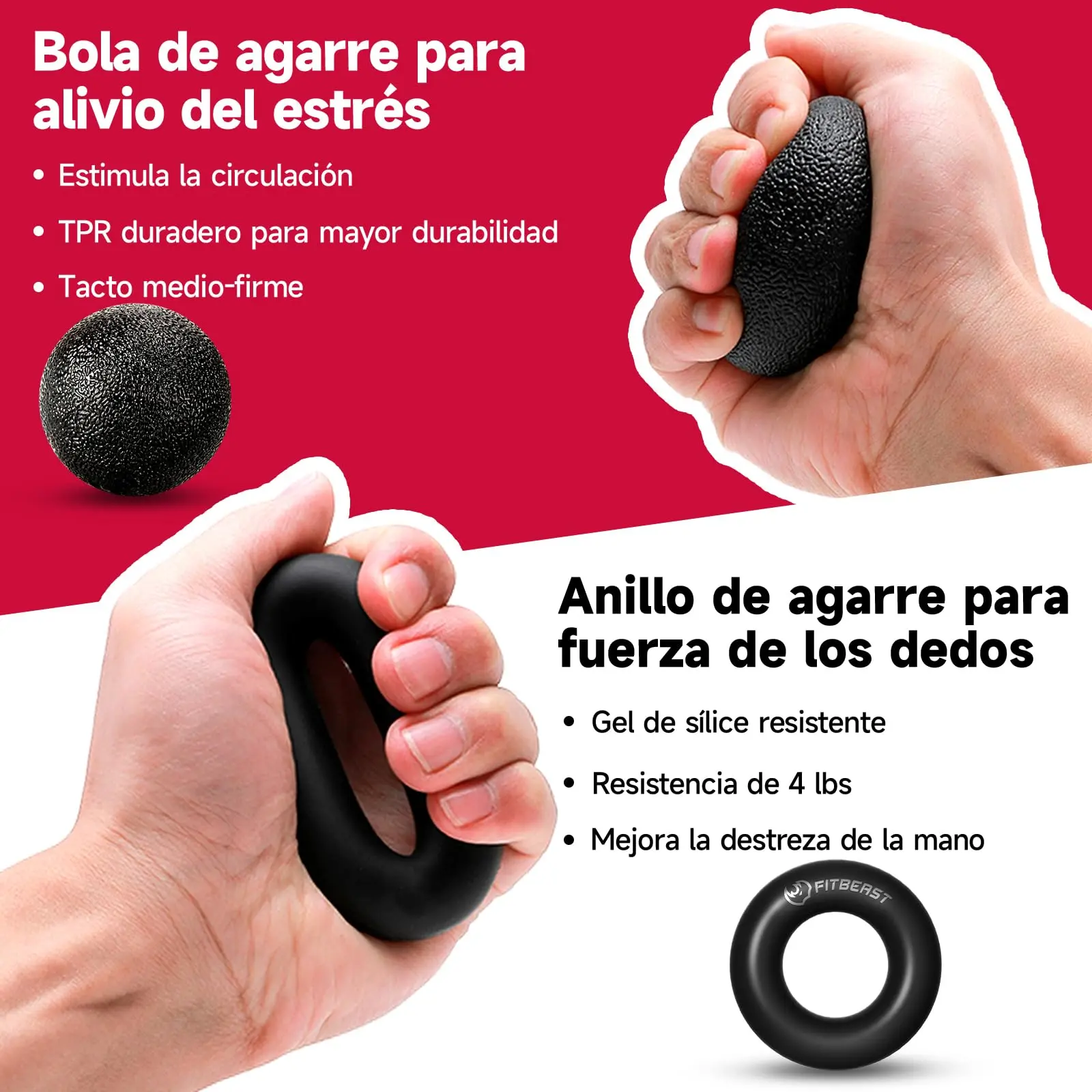 Kit de Entrenamiento para Fortalecer Agarre FitBeast 5 Piezas, 2 Resistencia Ajustable para Antebrazo, Estirador de Dedos, Anillo de Agarre y Bola de Alivio Estrés para Atletas - Imagen 5