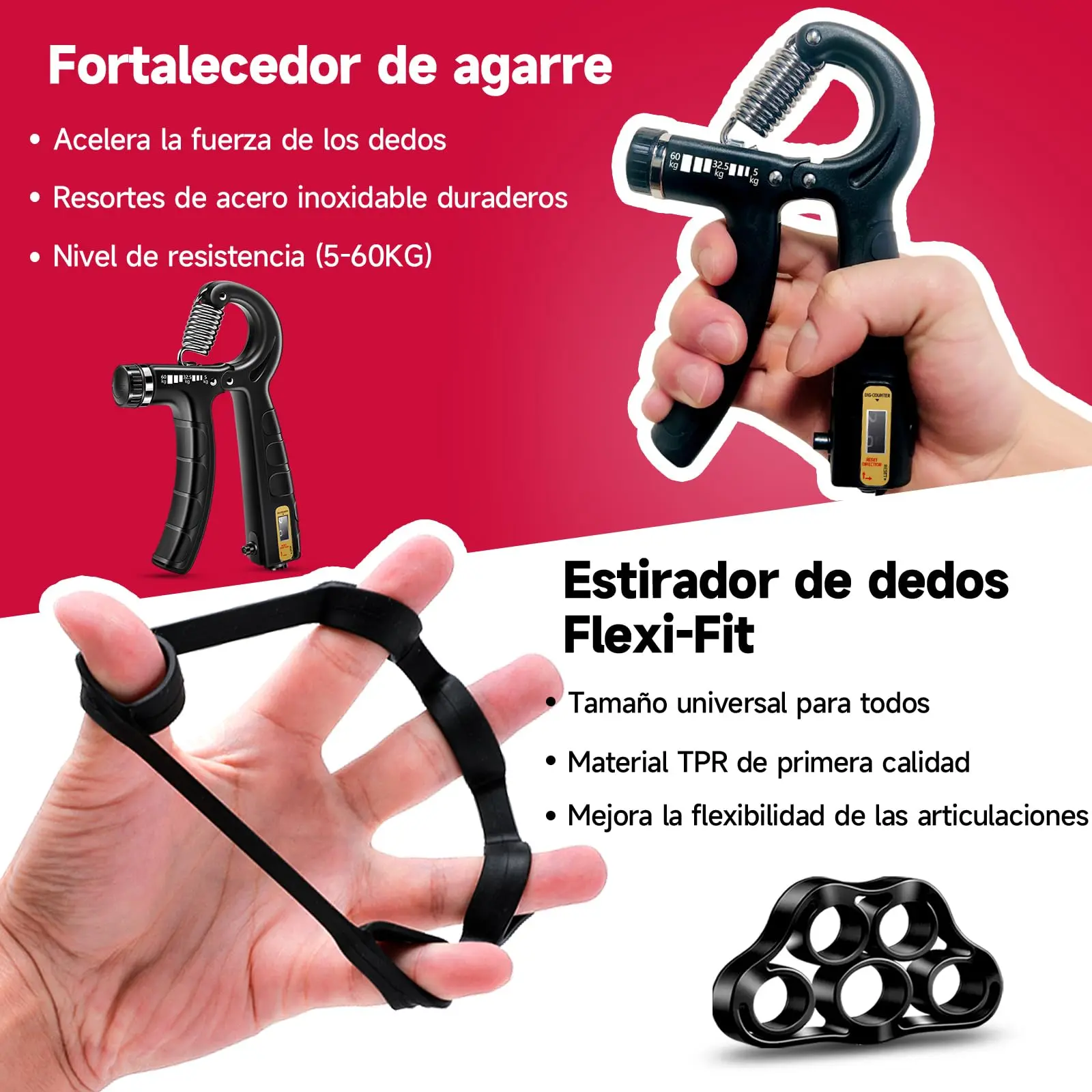 Kit de Entrenamiento para Fortalecer Agarre FitBeast 5 Piezas, 2 Resistencia Ajustable para Antebrazo, Estirador de Dedos, Anillo de Agarre y Bola de Alivio Estrés para Atletas - Imagen 6