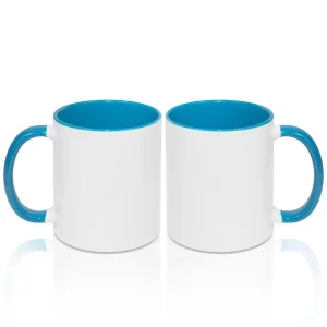 Tazas de café en blanco de sublimación de 11 onzas, taza blanca en blanco con taza de color azul claro interior y asa, juego de 2