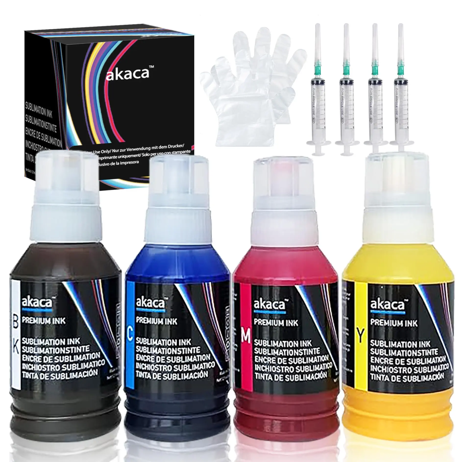akaca Tinta de Sublimación (4 x 127 ml) Transferencia de Prensa de Calor en Camiseta, Taza, Cajas del Teléfono, etc., Compatibles con Epson EcoTank Supertank Impresoras ET-2760 ET-2800 ET-2803 ET-2850