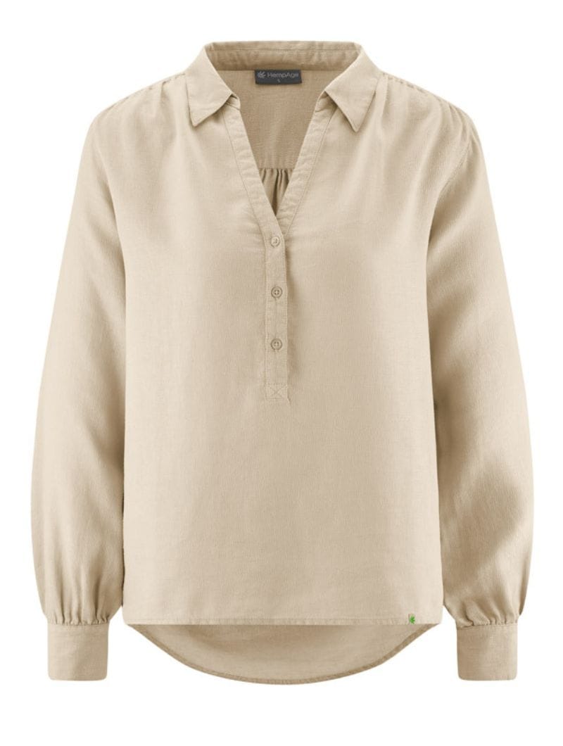 Blusa escote pico beige de cáñamo y algodón orgánico - Imagen 2