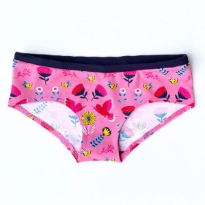 Braguitas rosas con flores y pájaros de algodón orgánico