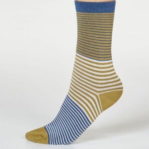 Calcetines mujer de bambú de rayas azul y mostaza