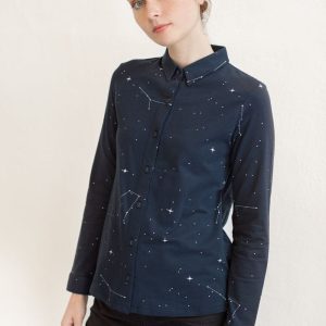Camisa azul marino mujer estampada de algodón orgánico