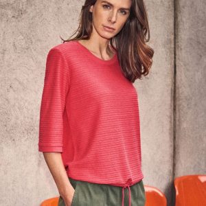 Camiseta acanalada manga tres cuartos con cordón