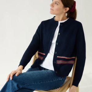 Cárdigan azul marino con cenefa para mujer