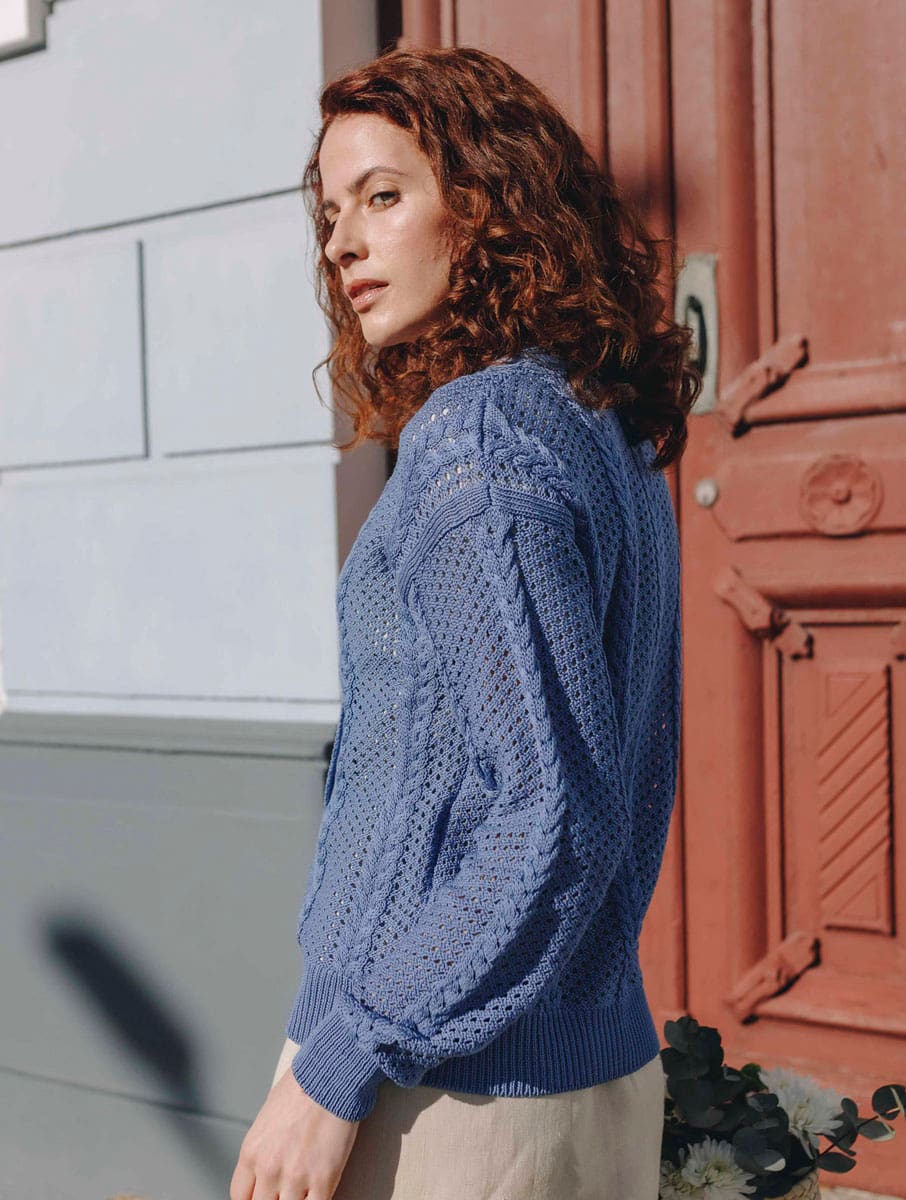 Cárdigan calado mujer de algodón orgánico azul - Imagen 4