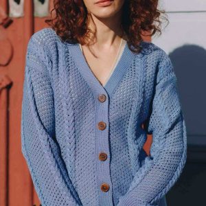 Cárdigan calado mujer de algodón orgánico azul