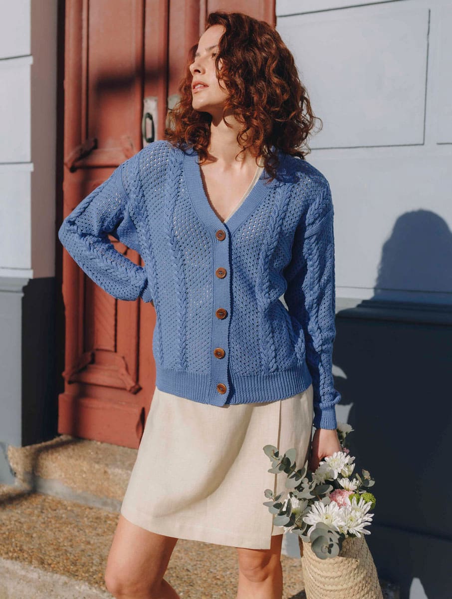 Cárdigan calado mujer de algodón orgánico azul - Imagen 6