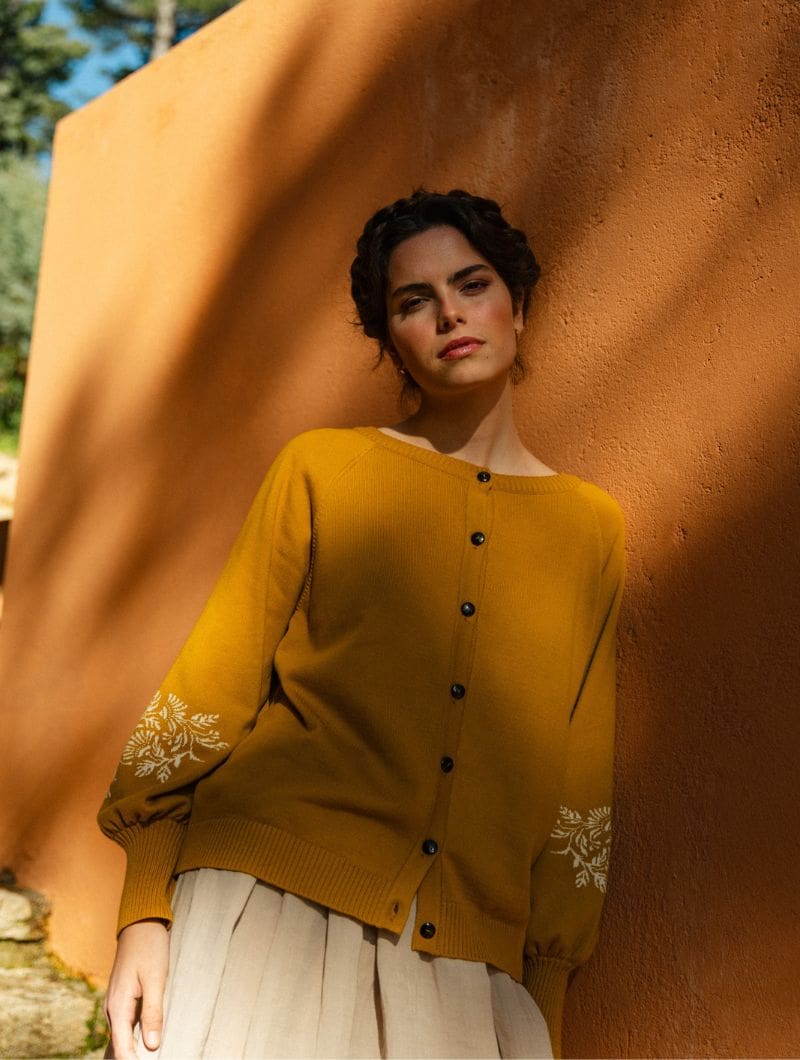 Cardigan manga globo miel de algodón egipcio - Imagen 2