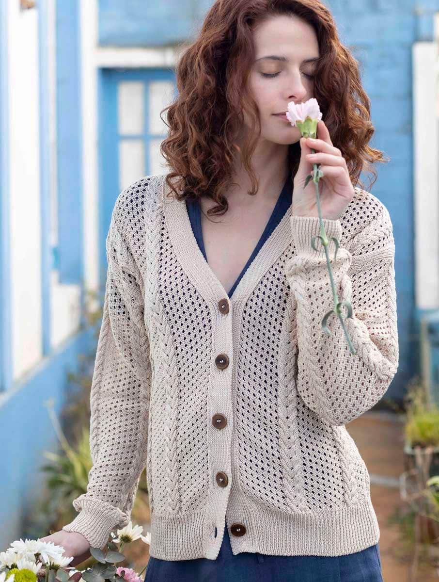 Cárdigan punto calado de algodón orgánico arena