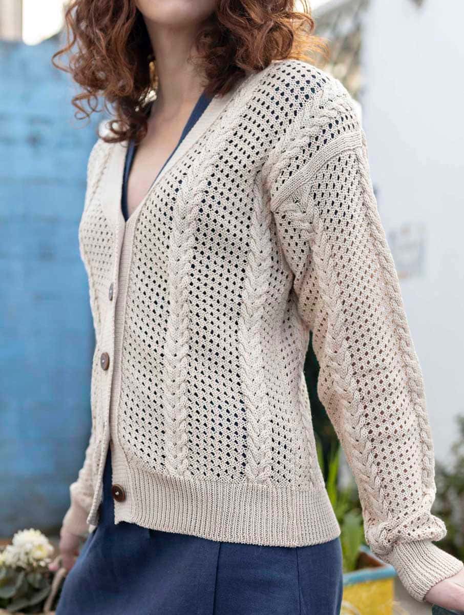 Cárdigan punto calado de algodón orgánico arena - Imagen 3