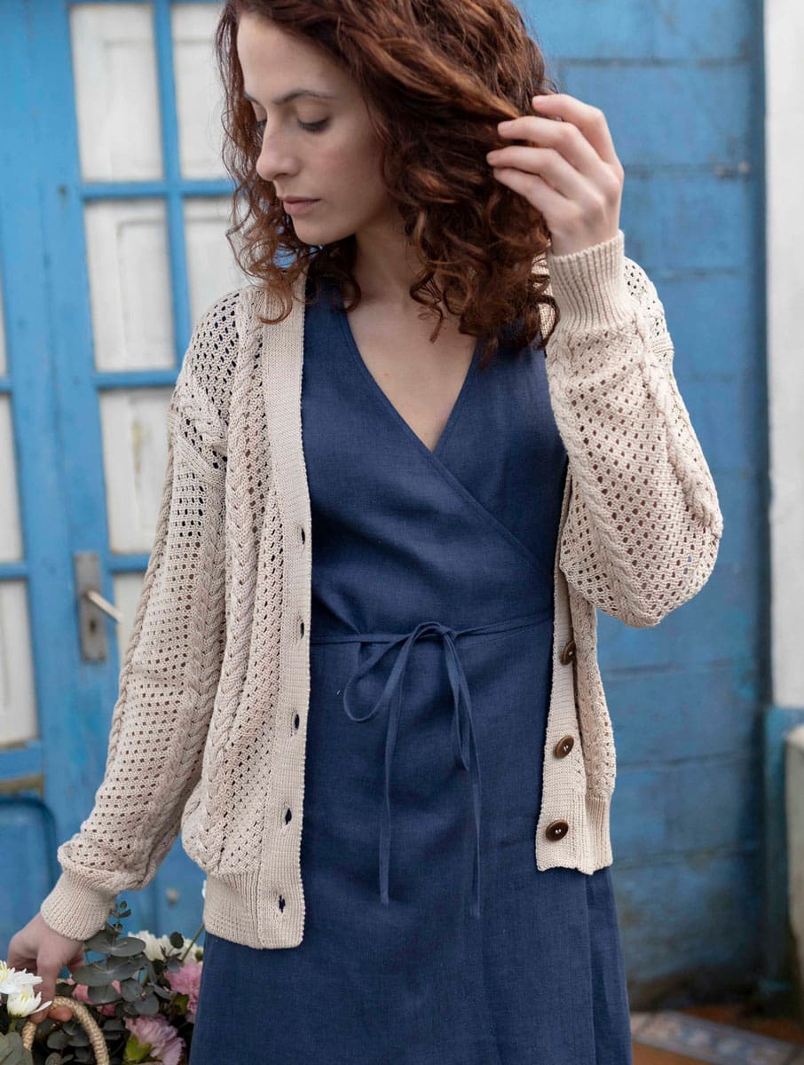 Cárdigan punto calado de algodón orgánico arena - Imagen 7