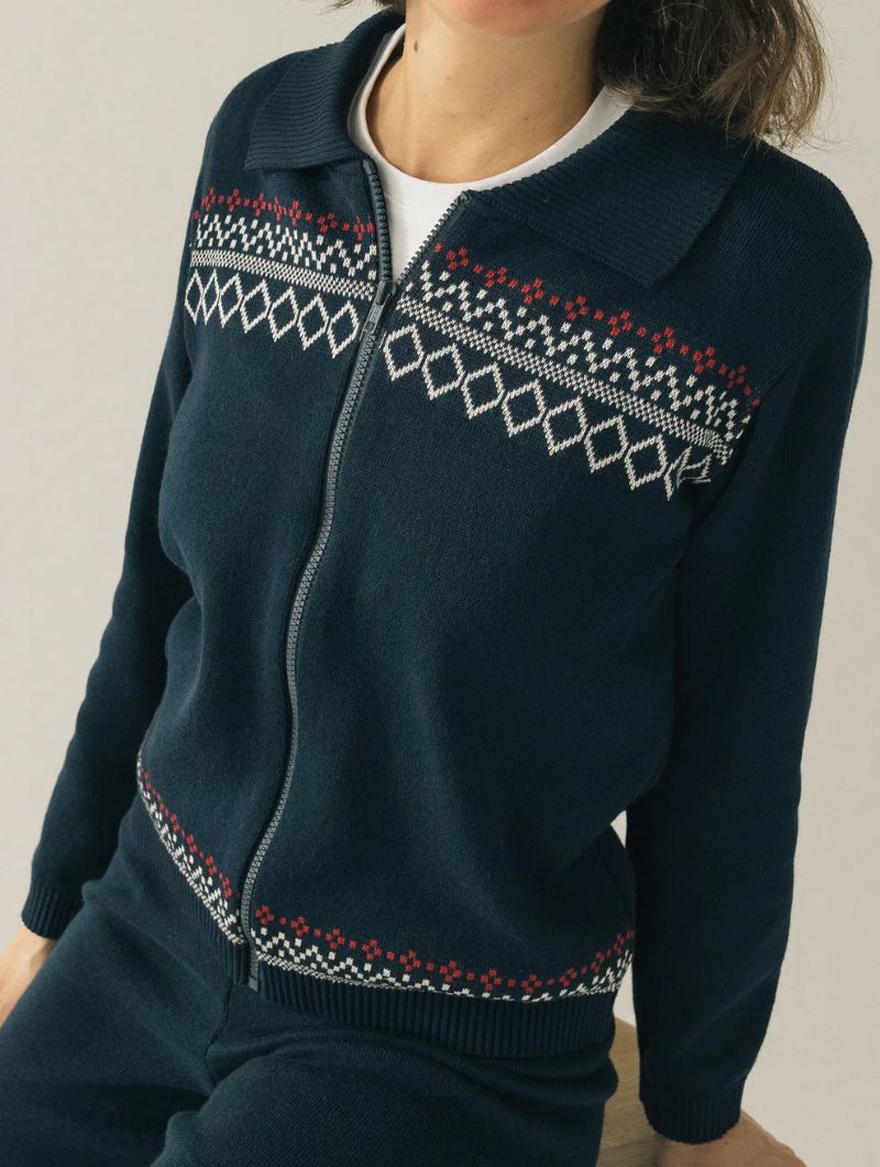 Chaqueta azul marino de punto con cenefa geométrica - Imagen 2