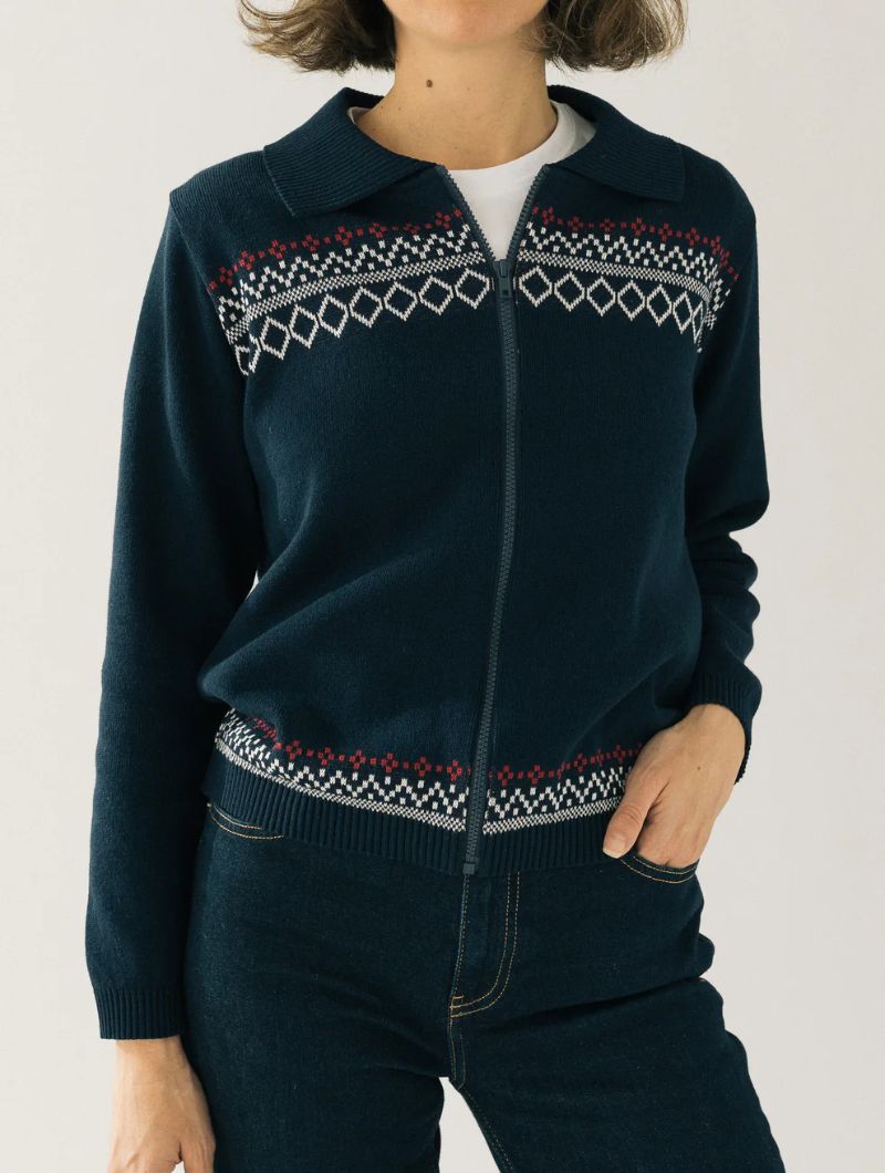 Chaqueta azul marino de punto con cenefa geométrica - Imagen 5