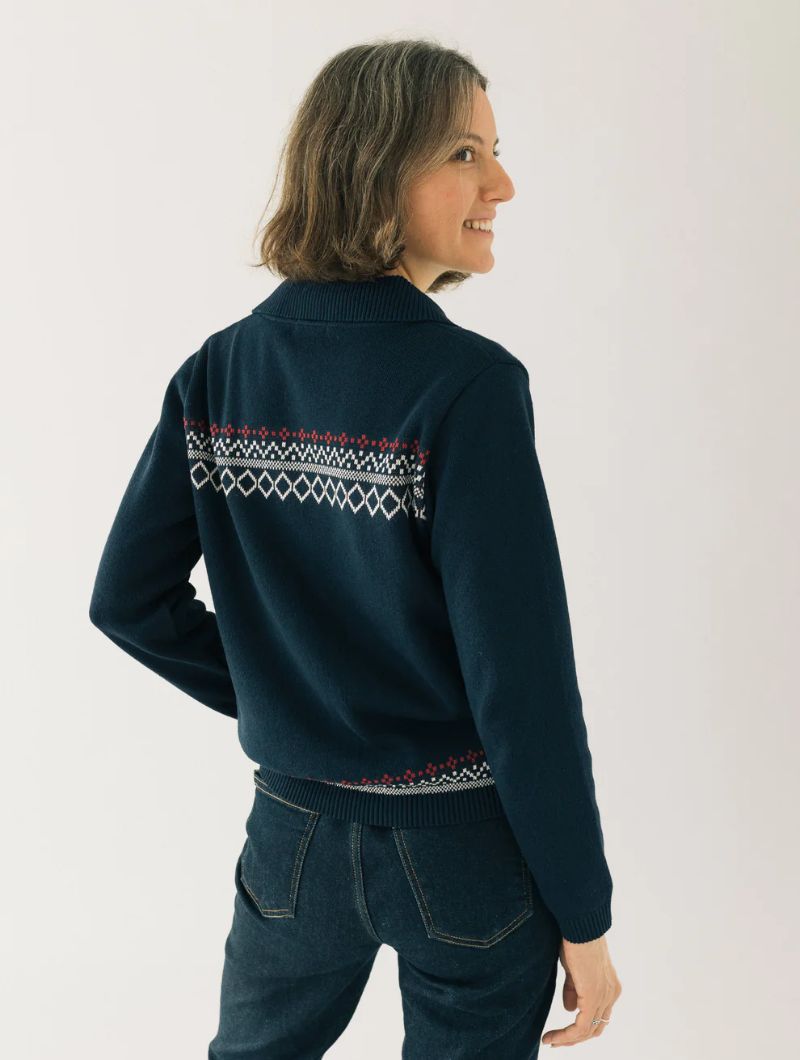 Chaqueta azul marino de punto con cenefa geométrica - Imagen 3