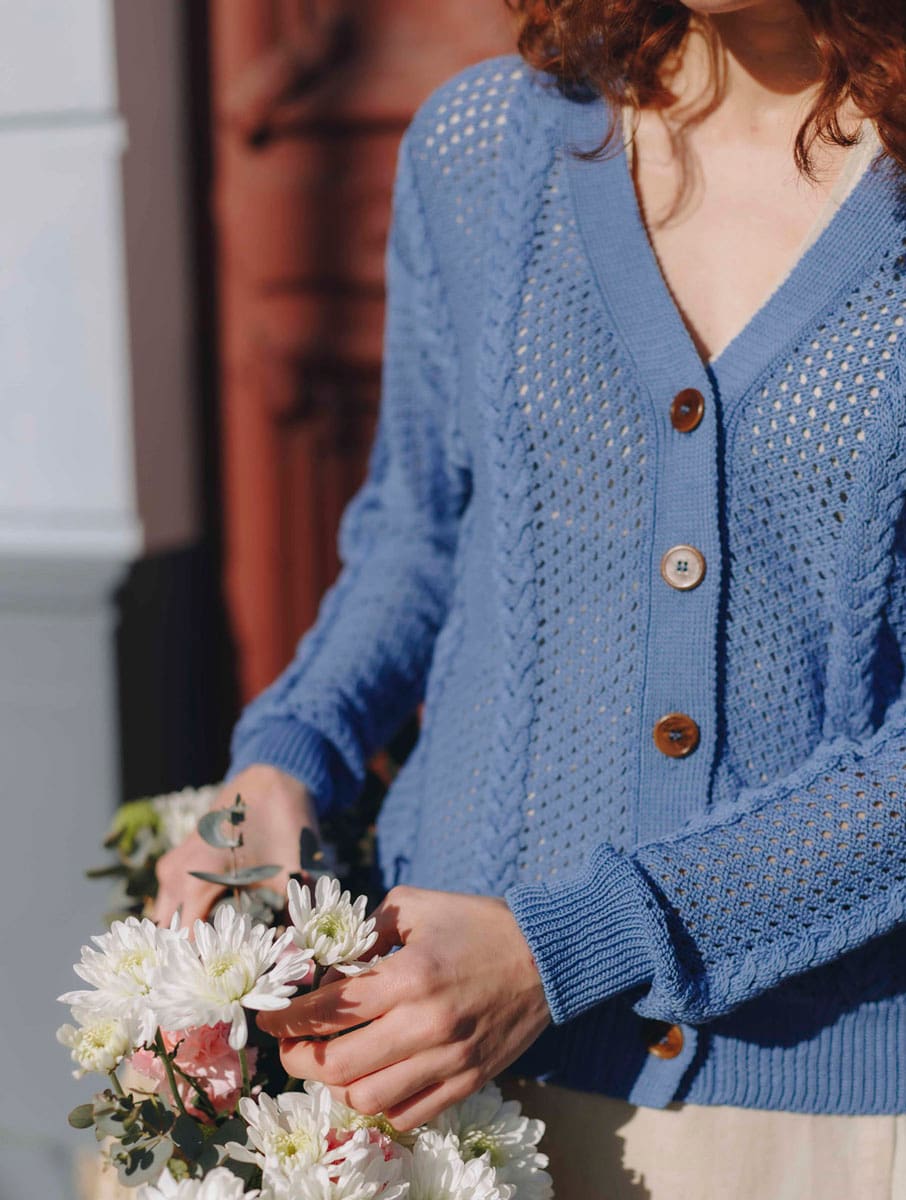 Cárdigan calado mujer de algodón orgánico azul - Imagen 3