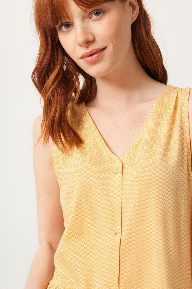 Vestido escote V color miel estampado abanicos - Imagen 2