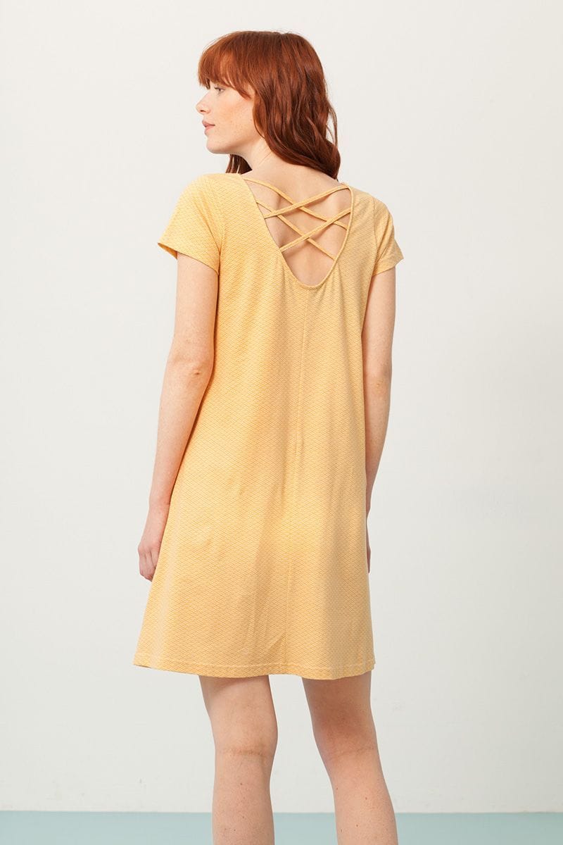 Vestido evasé amarillo estampado abanicos - Imagen 4