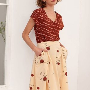 Falda de algodón orgánico beige con pájaros