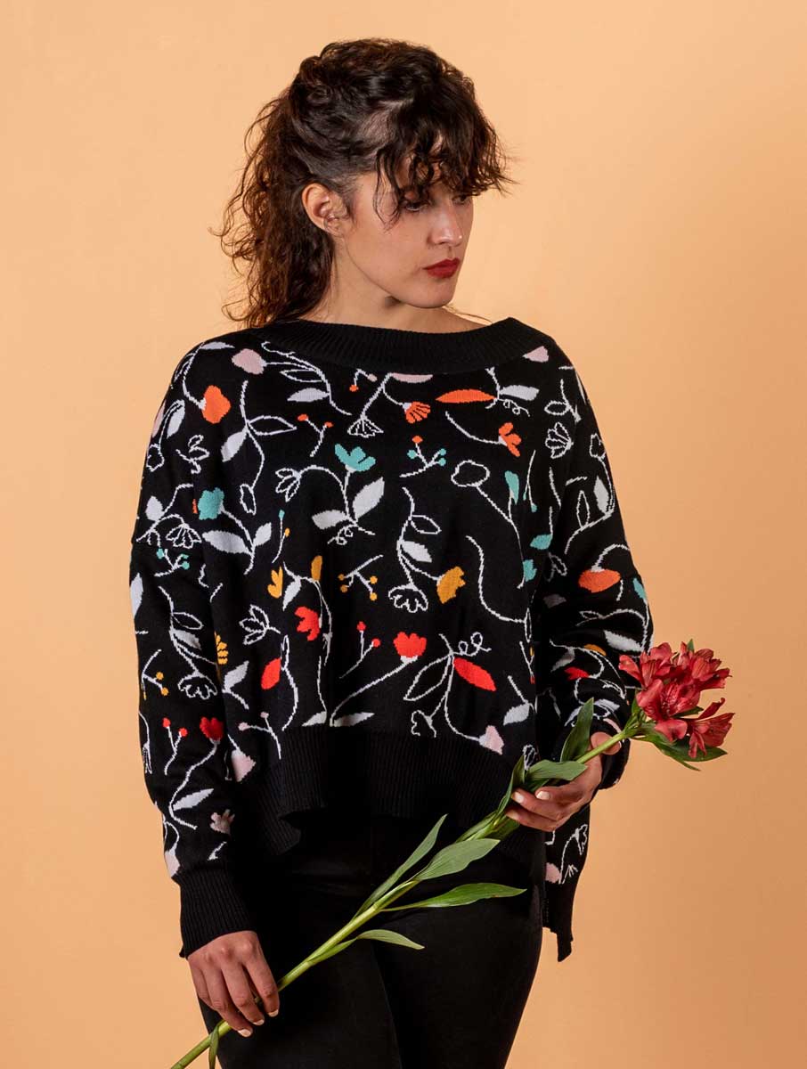 Jersey de lana merino mujer con flores de colores - Imagen 3