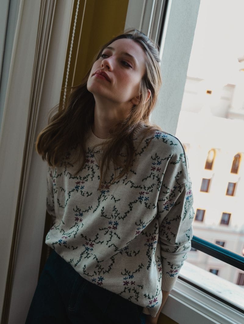 Jersey jacquard beige de lana merino - Imagen 2