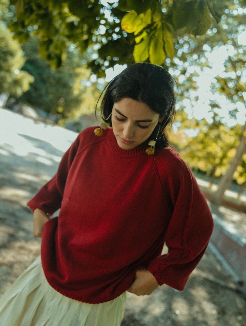 Jersey manga globo con calados de algodón orgánico fresa - Imagen 2