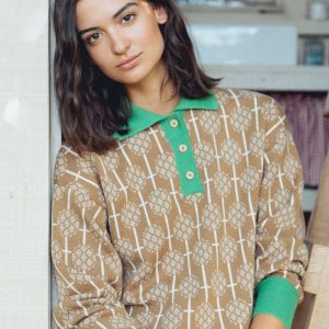Jersey polo jacquard camel de lana merino