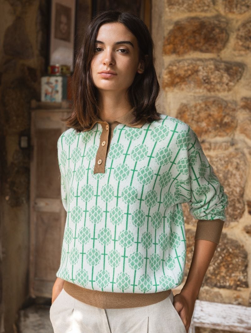 Jersey polo jacquard de lana merino crudo - Imagen 2