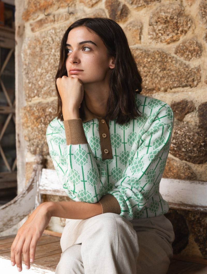 Jersey polo jacquard de lana merino crudo - Imagen 5