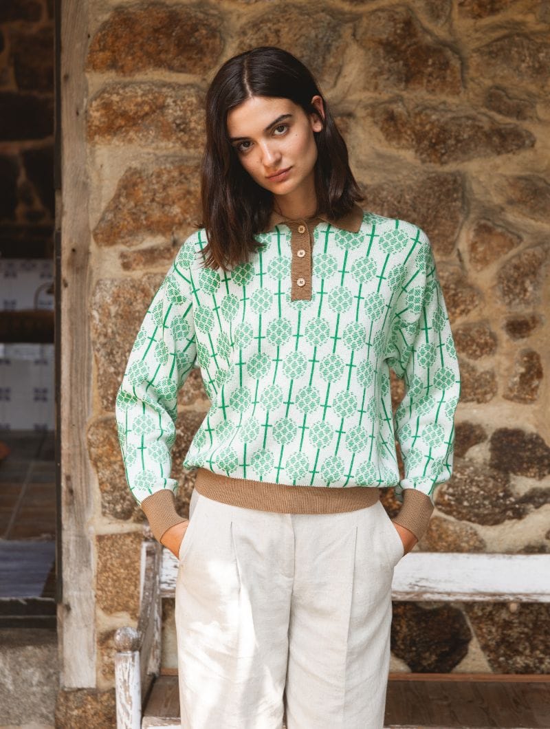 Jersey polo jacquard de lana merino crudo - Imagen 6