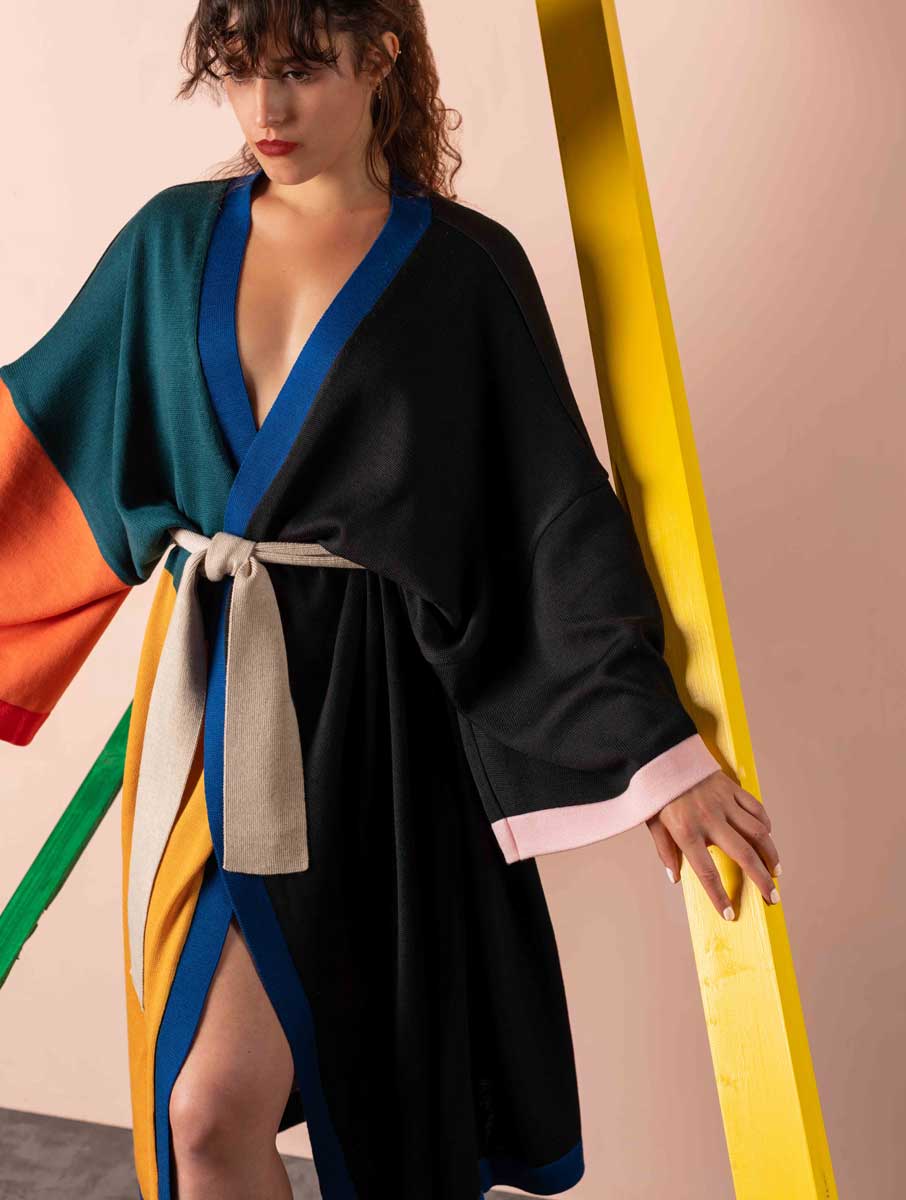 Kimono mujer de lana merino color block - Imagen 3