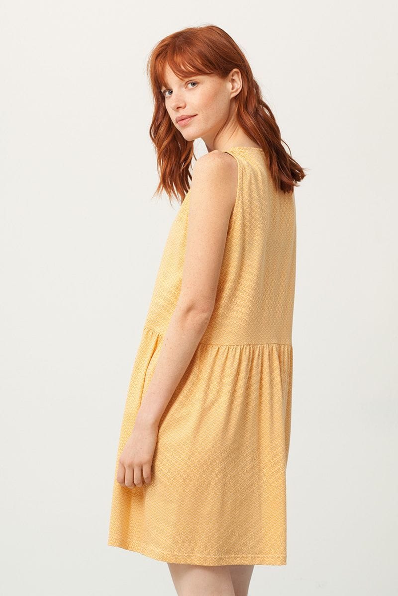 Vestido escote V color miel estampado abanicos - Imagen 4