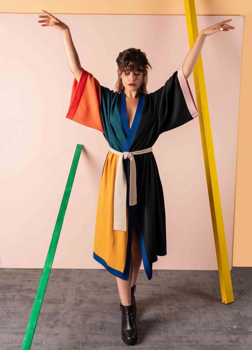 Kimono mujer de lana merino color block - Imagen 4