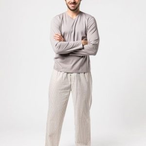 Pijama algodón orgánico hombre gris con rayas