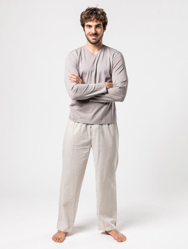 Pijama algodón orgánico hombre gris con rayas