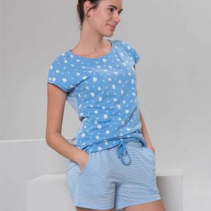 Pijama corto mujer 100% ecológico azul con hojas