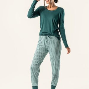 Pijama mujer algodón orgánico verde con hojas