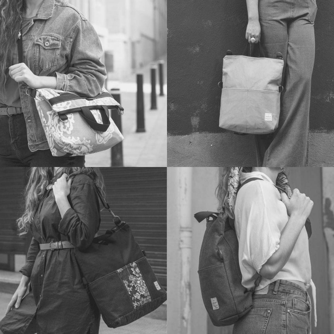 Bolso-mochila salmón de tapicería reciclada - Imagen 5