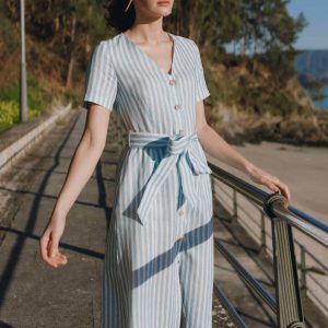 Vestido abotonado de lino con rayas marineras