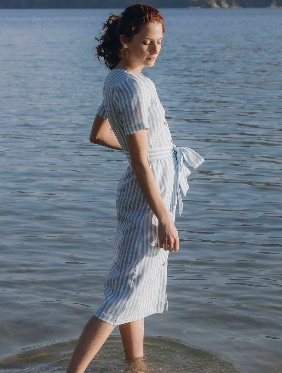 Vestido abotonado de lino con rayas marineras - Imagen 8